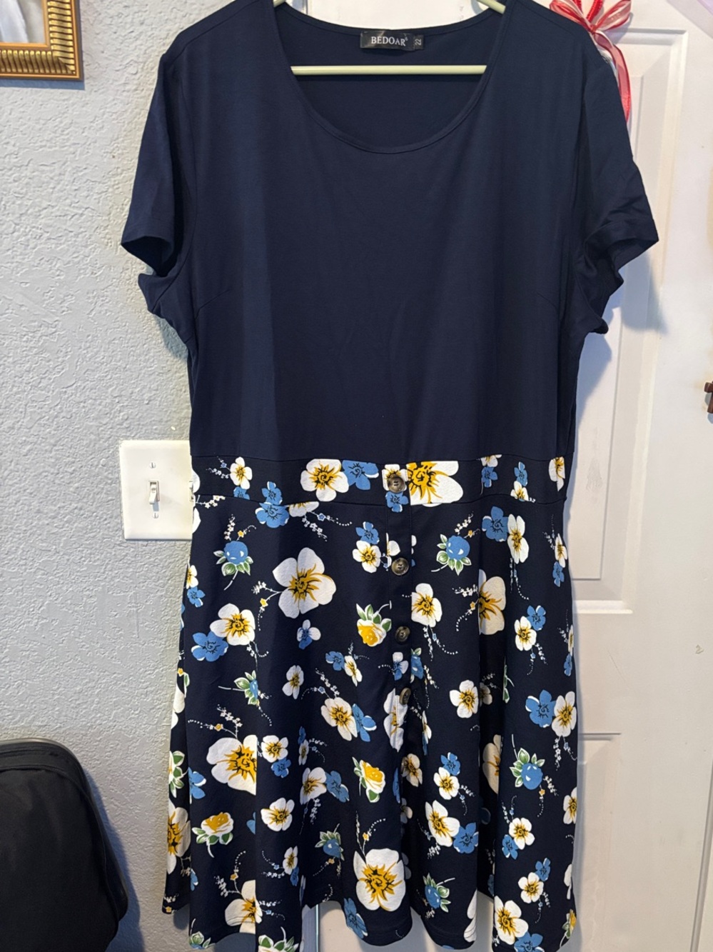 Navy Floral Button-Waist Midi Dress